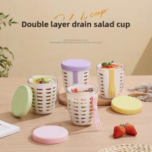 Colorful double layer drain salad cup with fruit fork and lid.