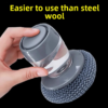 Press-type soap dispensing pot scrubber in hand