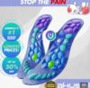 Pair of blue honeycomb orthotic insoles for foot pain relief and arch support with colorful pressure zones